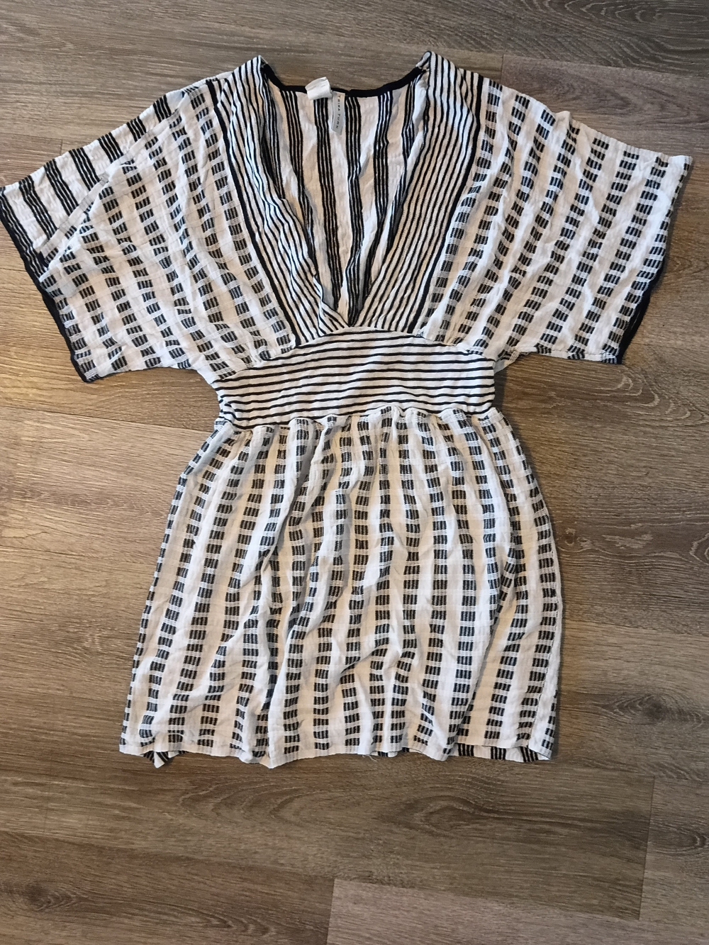 Trina Turk Black and White Striped V-Neck Mini Dress